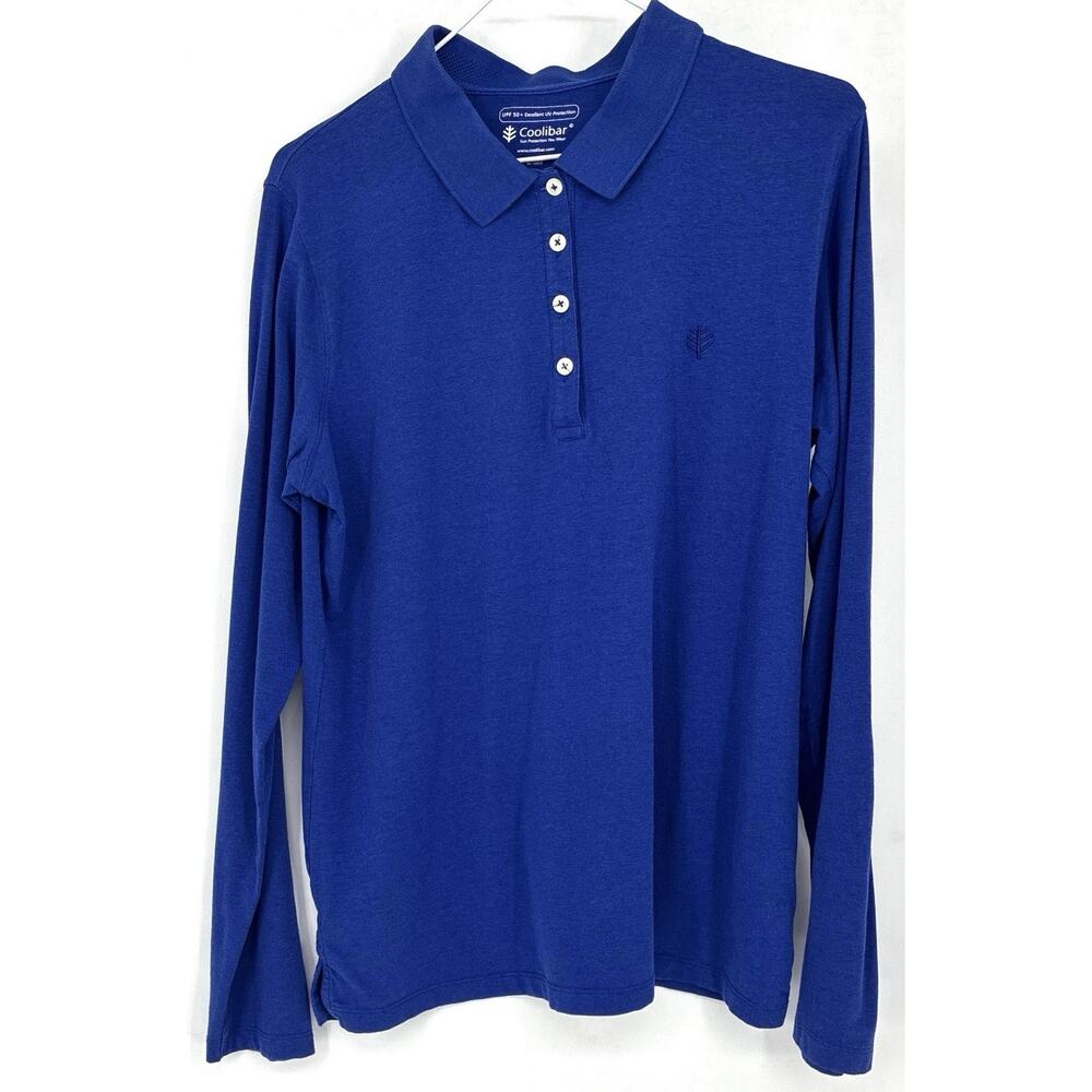 Wmns Blue Coolibar Polo UPF50+ Sun Protection Golf Tennis LS Button Top L